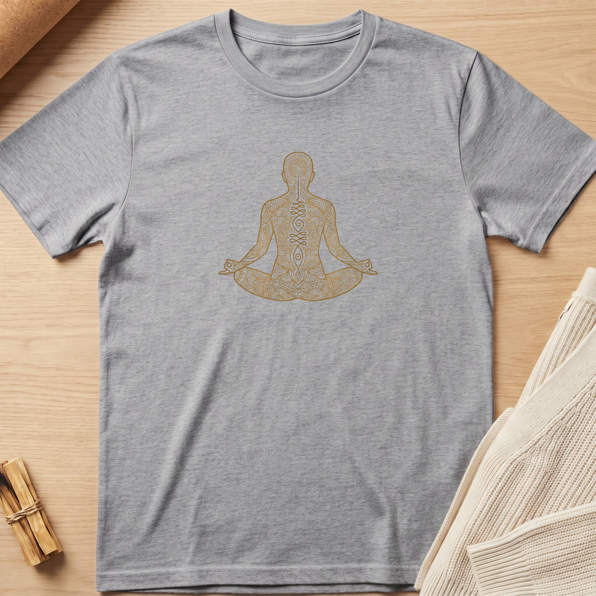 A heather gray short-sleeve t-shirt with a gold-colored chakra graphic on the chest, laid flat on a light wood background with neutral props. Minimalist yoga apparel by pemuyo.