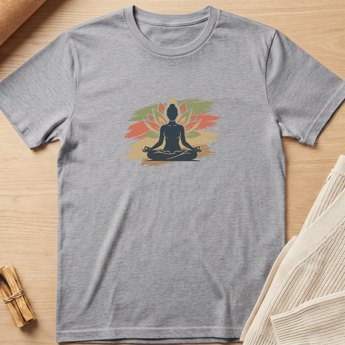 A heather gray short-sleeve t-shirt laid flat on a light wood surface, featuring a central graphic of a seated meditating figure in dark blue/black silhouette against a multicolor floral background in green, orange, and yellow. Minimalist yoga apparel by pemuyo.