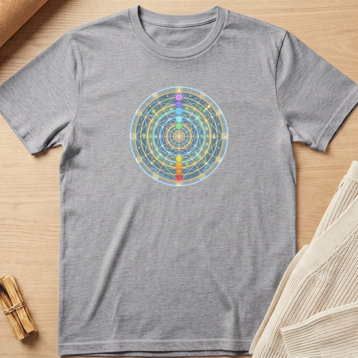A heather gray short-sleeve t-shirt laid flat on a light wood surface, featuring a colorful circular chakra design printed on the chest. The design includes a gradient of chakra colors (purple, blue, green, yellow, orange) on a white circular background. Minimalist yoga apparel by pemuyo.