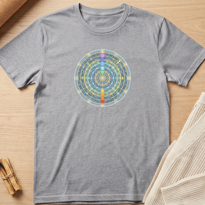 A heather gray short-sleeve t-shirt laid flat on a light wood surface, featuring a colorful circular chakra design printed on the chest. The design includes a gradient of chakra colors (purple, blue, green, yellow, orange) on a white circular background. Minimalist yoga apparel by pemuyo.