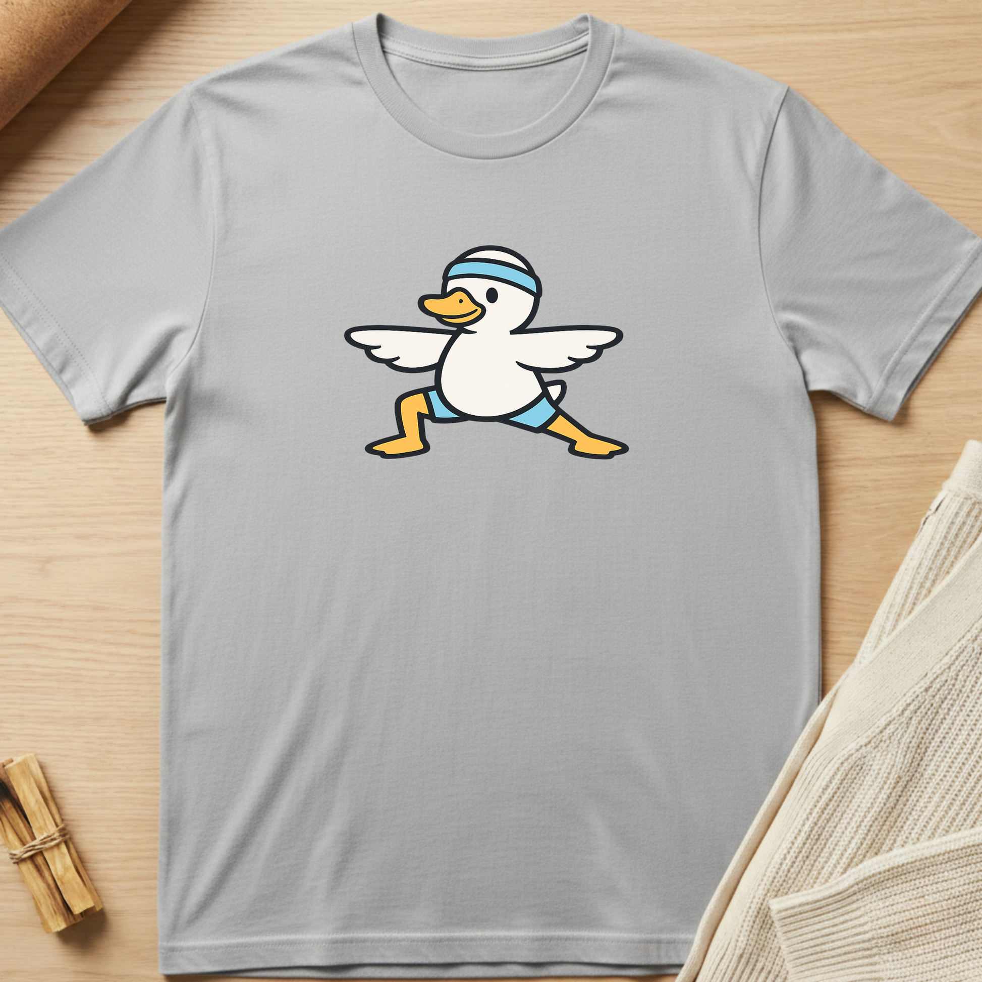 Gray t-shirt with a cartoon duck design on a wooden surface. Minimalist yoga apparel by pemuyo.