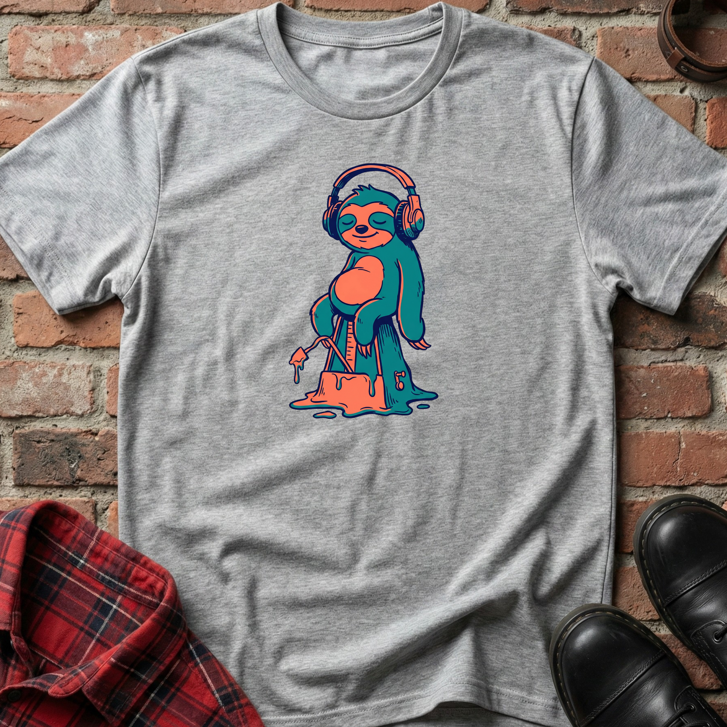 Gray t-shirt with a colorful sloth graphic on a brick surface. Minimalist music apparel by pemuyo.