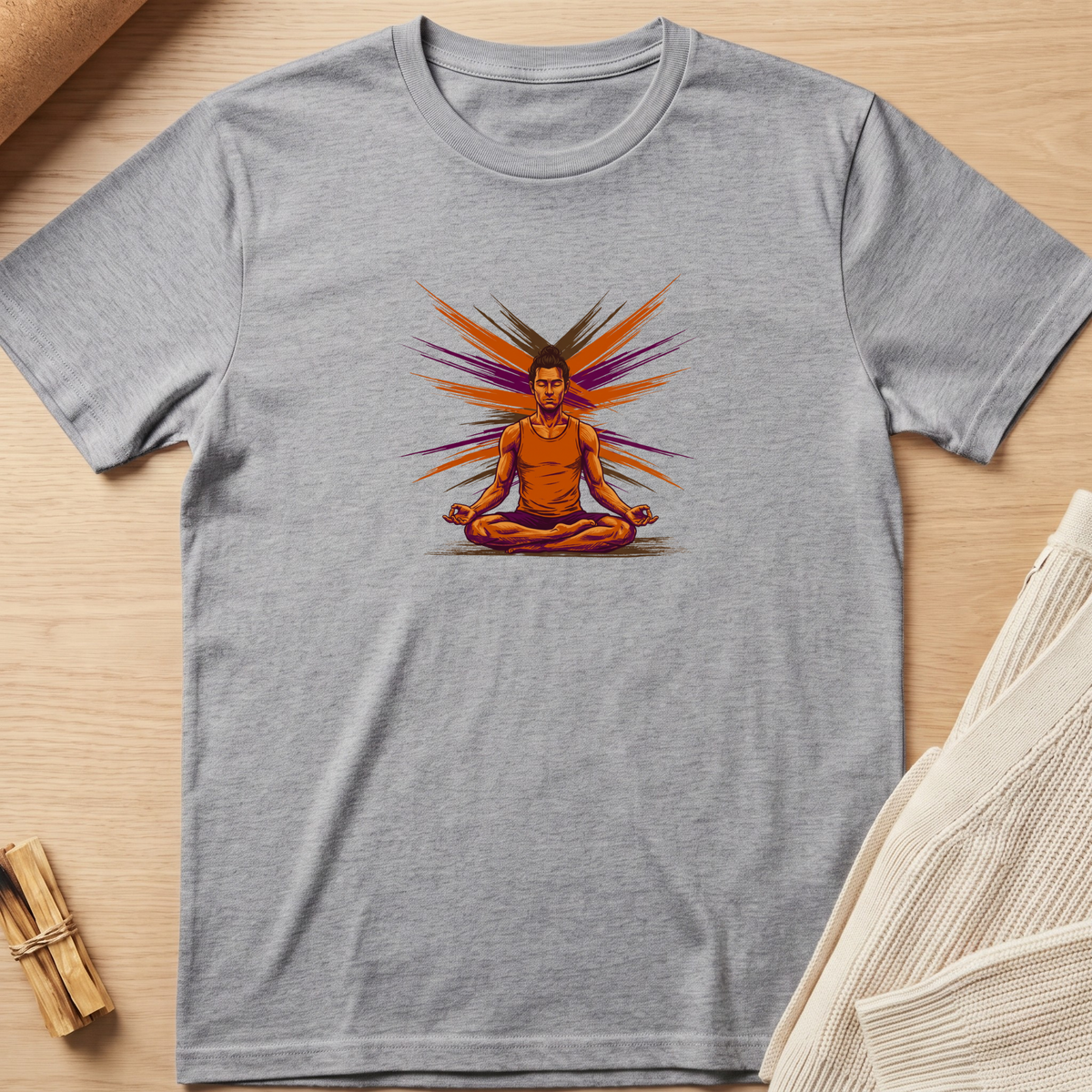 A heather gray short-sleeve t-shirt laid flat on a light wood surface, featuring a colorful graphic of a man meditating with orange, purple, and brown rays behind him. A small bundle of wooden sticks and a folded cream knit fabric are partially visible at the edges. Minimalist yoga apparel by pemuyo.