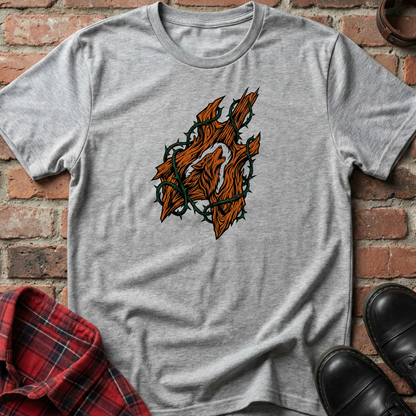 Gray t-shirt with a graphic design on a brick surface. Minimalist music apparel by pemuyo.