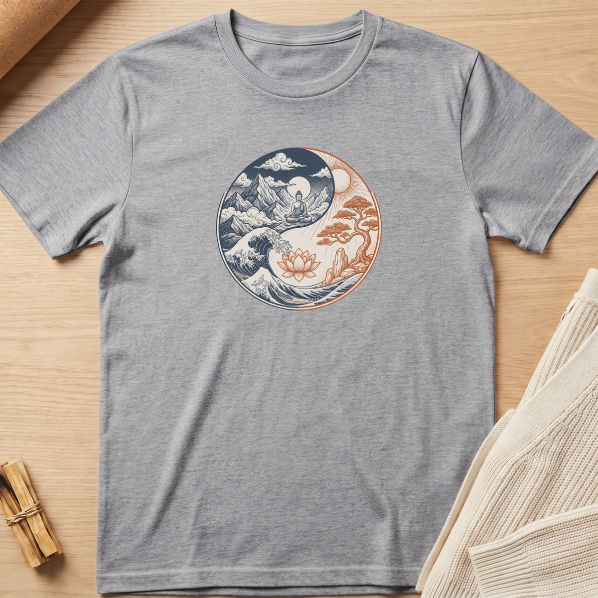 A heather gray short-sleeve t-shirt laid flat on a light wood surface, featuring a circular yin-yang style graphic on the chest with blue ocean waves, a white lotus flower, and a peach/orange bonsai tree and moon. Minimalist yoga apparel by pemuyo.