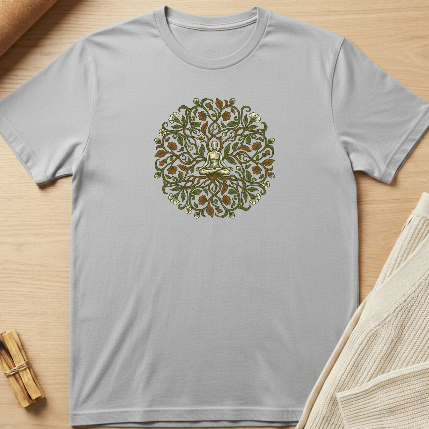 Gray t-shirt with a green and brown tree-of-life design on a wooden surface. Minimalist yoga apparel by pemuyo.