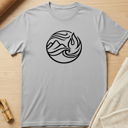 Gray t-shirt with a black circular design featuring a flame and mountain on a wooden surface. Minimalist yoga apparel by pemuyo.