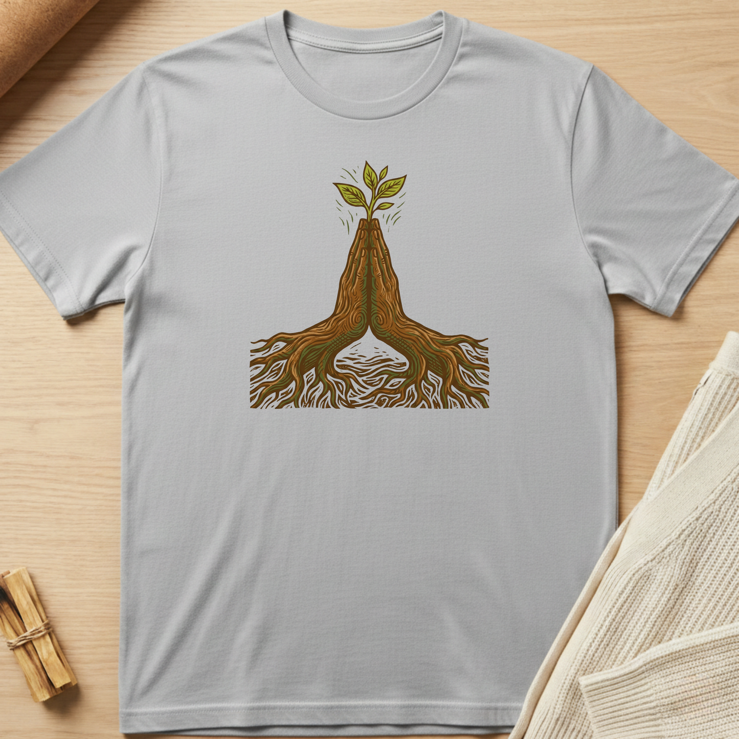 Gray t-shirt with a graphic of a plant growing out of roots on a wooden surface. Minimalist yoga apparel by pemuyo.