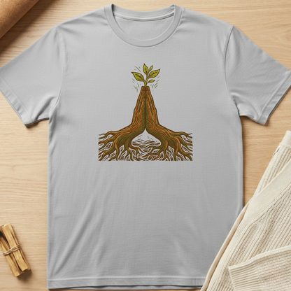 Gray t-shirt with a graphic of a plant growing out of roots on a wooden surface. Minimalist yoga apparel by pemuyo.