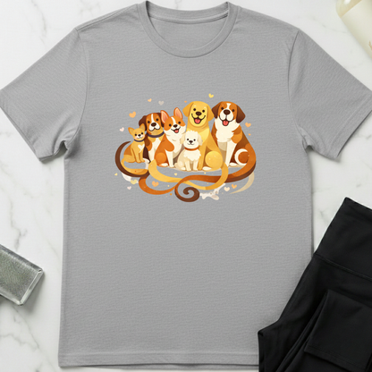 Gray t-shirt with a colorful graphic of dogs on a white marble surface. Minimalist dog apparel by pemuyo.