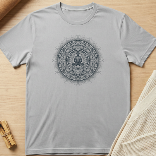 Gray t-shirt with a mandala design featuring a meditating figure on a wooden surface. Minimalist yoga apparel by pemuyo.
