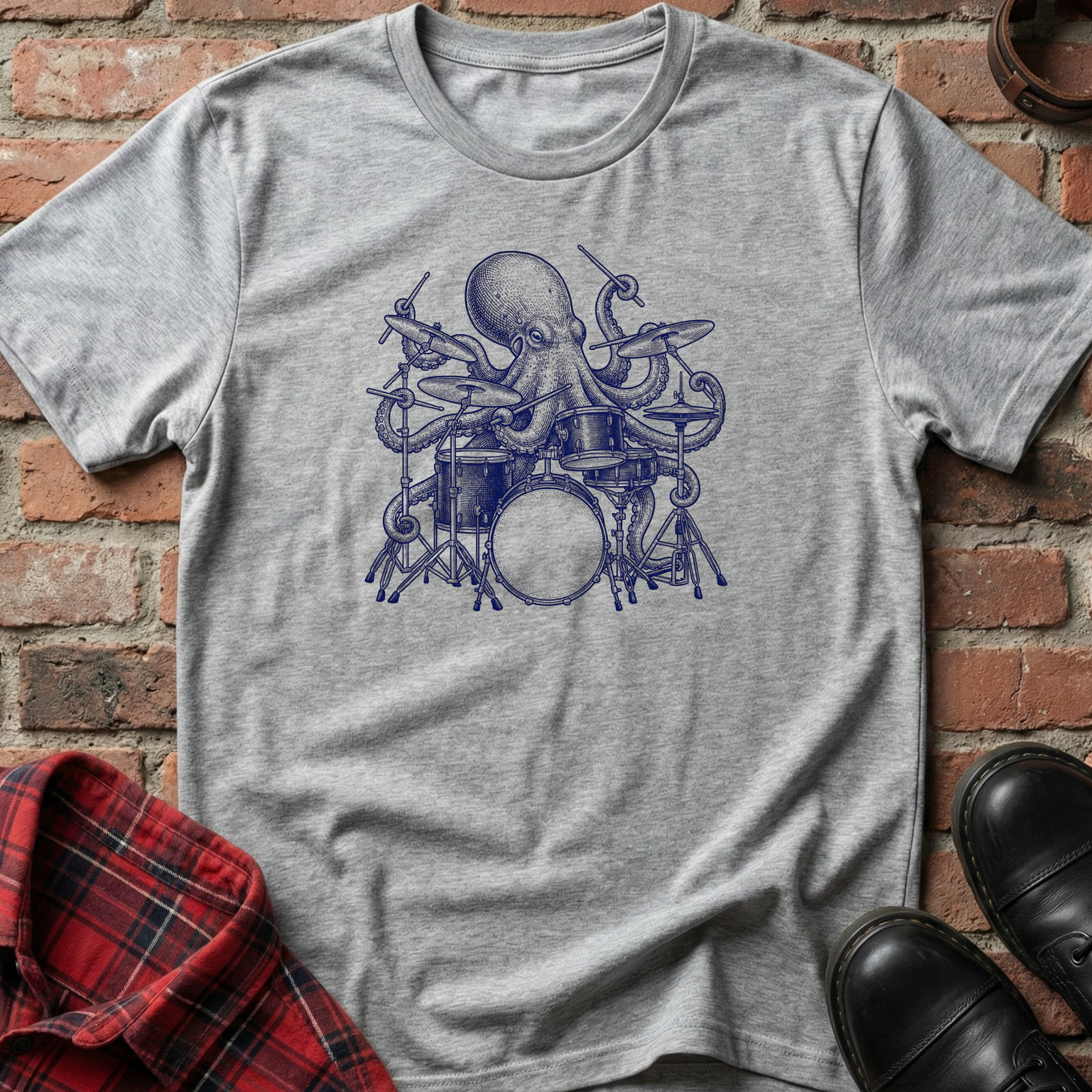 Gray t-shirt with blue octopus playing drums design on a brick surface. Minimalist music apparel by pemuyo.