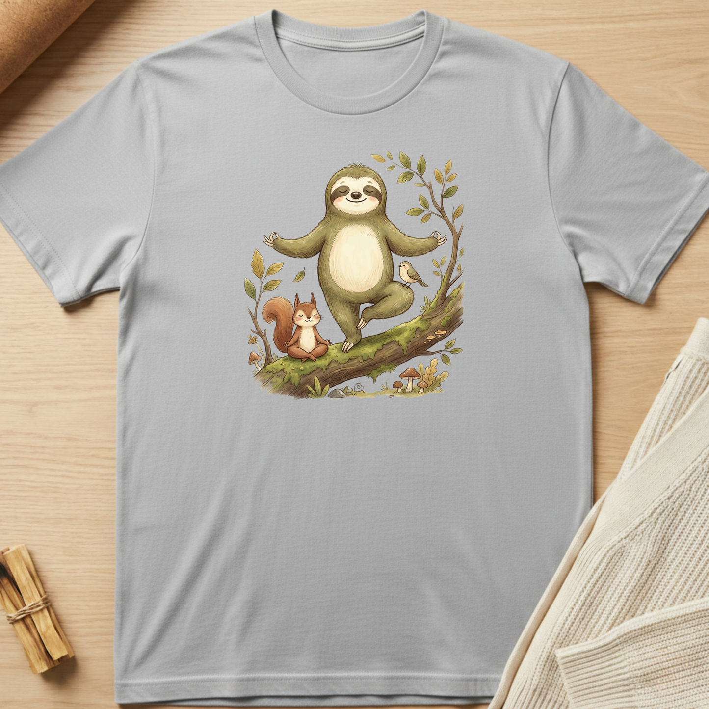 Gray t-shirt with a sloth and squirrel design on a wooden surface. Minimalist yoga apparel by pemuyo.