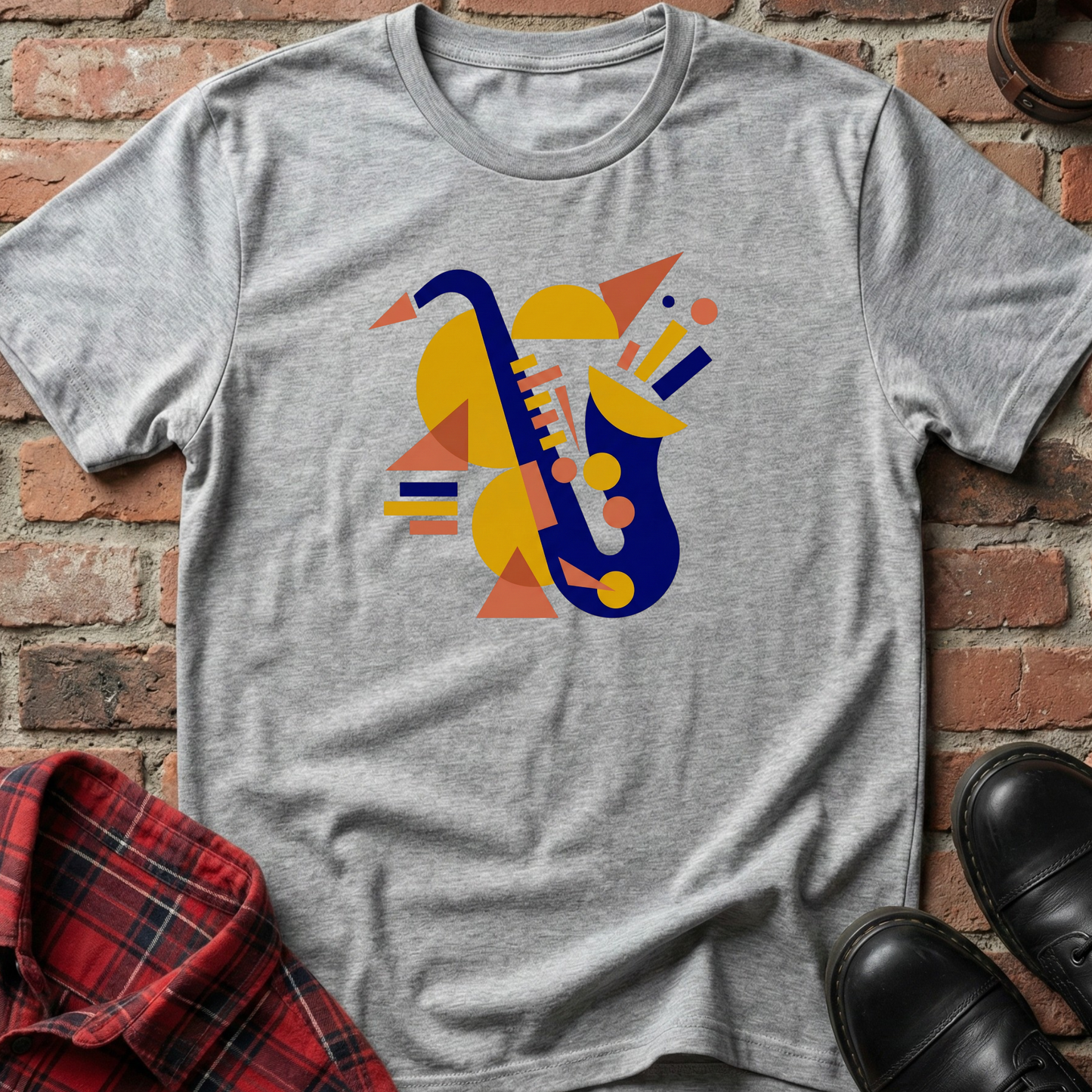 Gray t-shirt with colorful saxophone design on a brick surface. Minimalist music apparel by pemuyo.