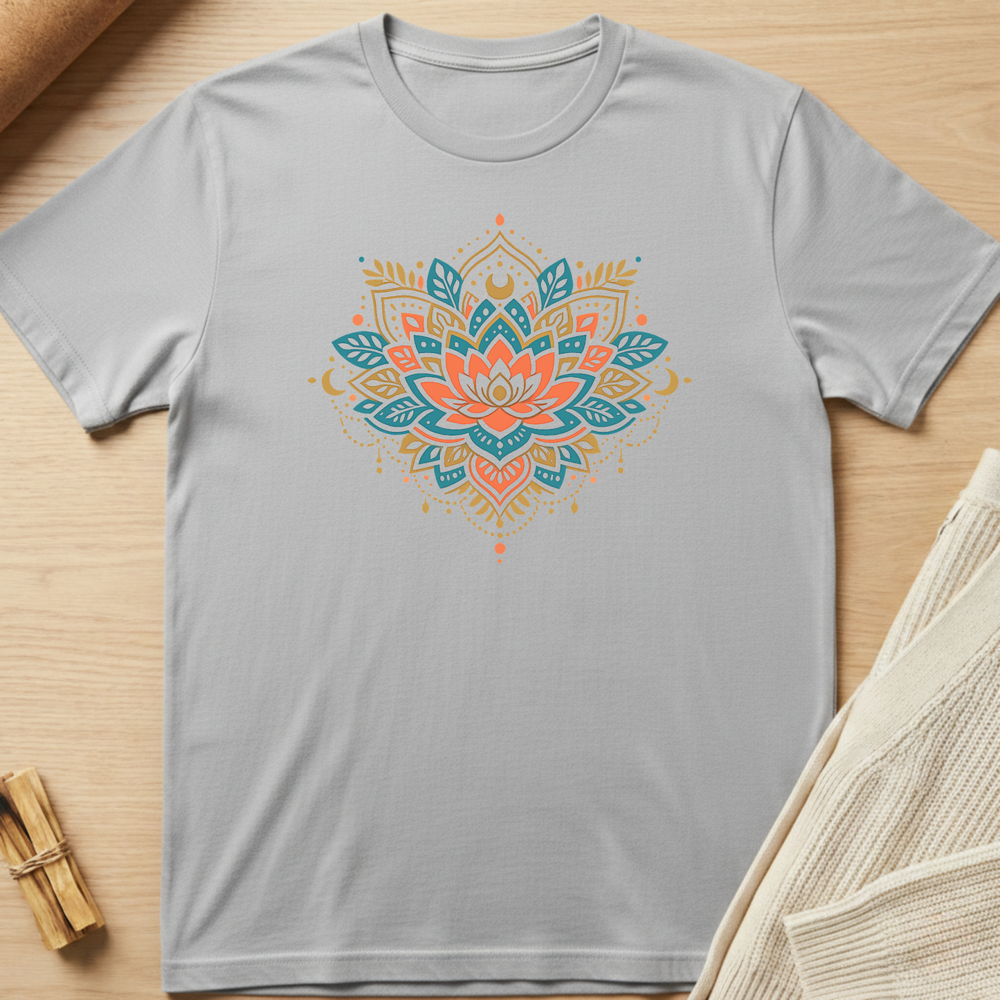 Gray t-shirt with a colorful lotus flower design on a wooden surface. Minimalist yoga apparel by pemuyo.