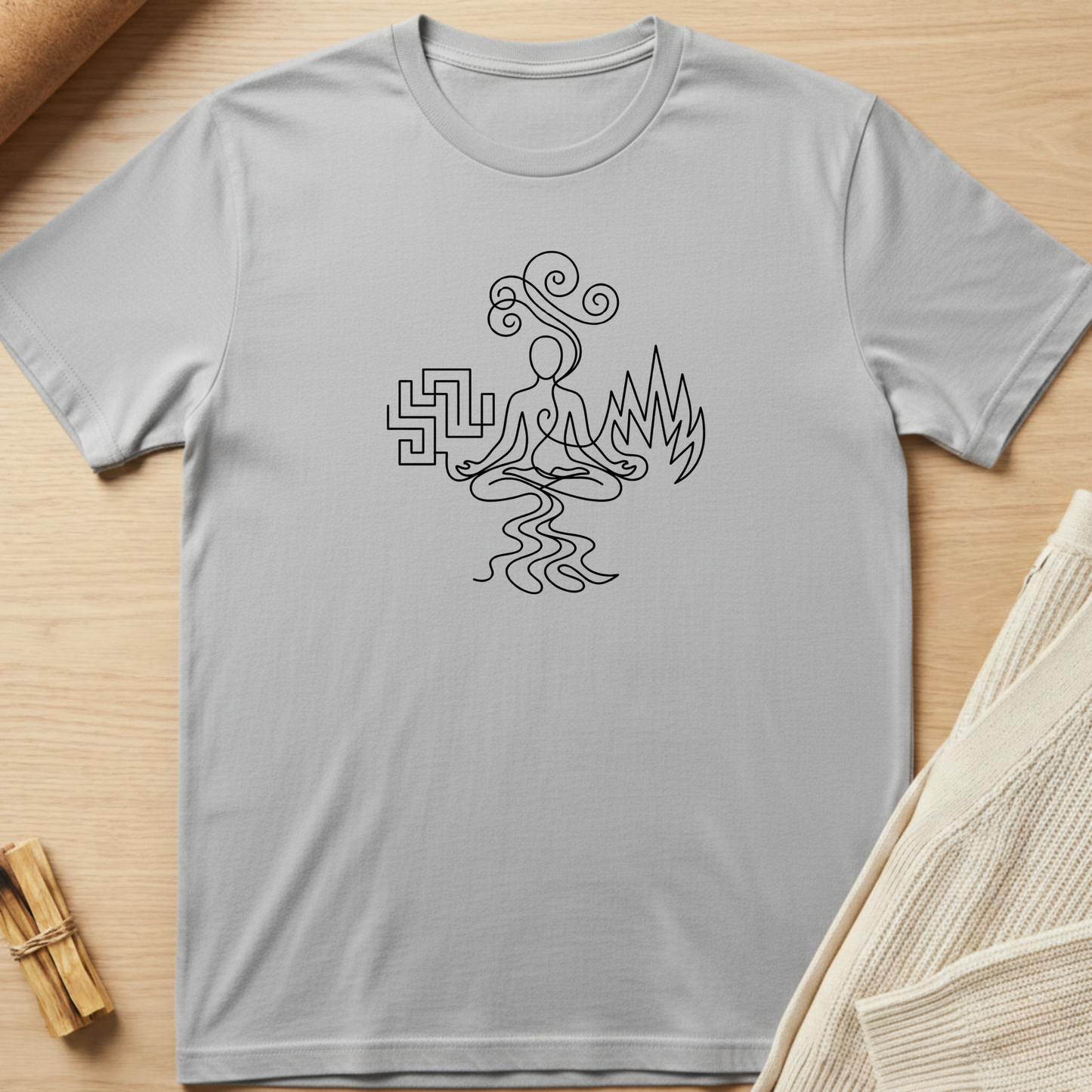 Gray t-shirt with a black abstract design on a wooden surface. Minimalist yoga apparel by pemuyo.