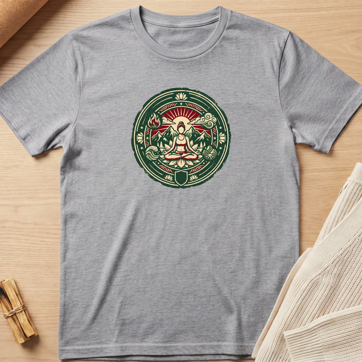A heather gray short-sleeve t-shirt with a circular green and red meditative graphic printed on the chest, laid flat on a light wood background with neutral props. Minimalist yoga apparel by pemuyo.