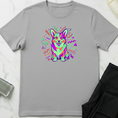 Gray t-shirt with a colorful dog graphic on a white marble surface. Minimalist dog apparel by pemuyo.