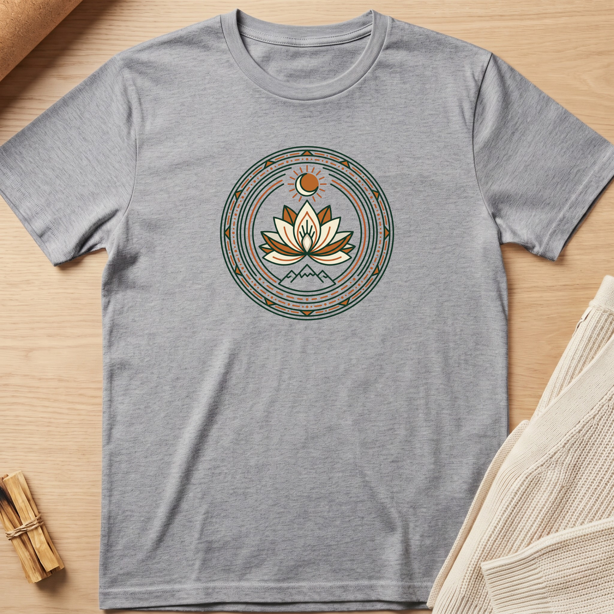 A heather gray short-sleeve t-shirt with a circular mandala-style graphic on the chest featuring a lotus flower, mountains, and geometric patterns in teal, gold, and white. The t-shirt is laid flat on a light wood surface with styled props, including a rolled tan paper in the top-left and a beige knit fabric in the bottom-right. Minimalist yoga apparel by pemuyo.