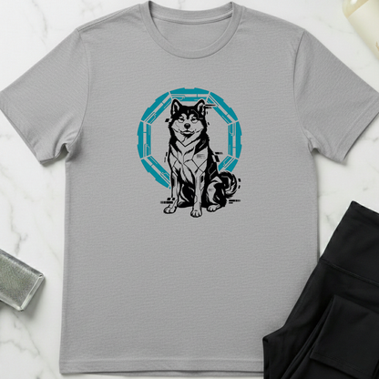 Gray t-shirt with a dog graphic design on a marble surface. Minimalist dog apparel by pemuyo.