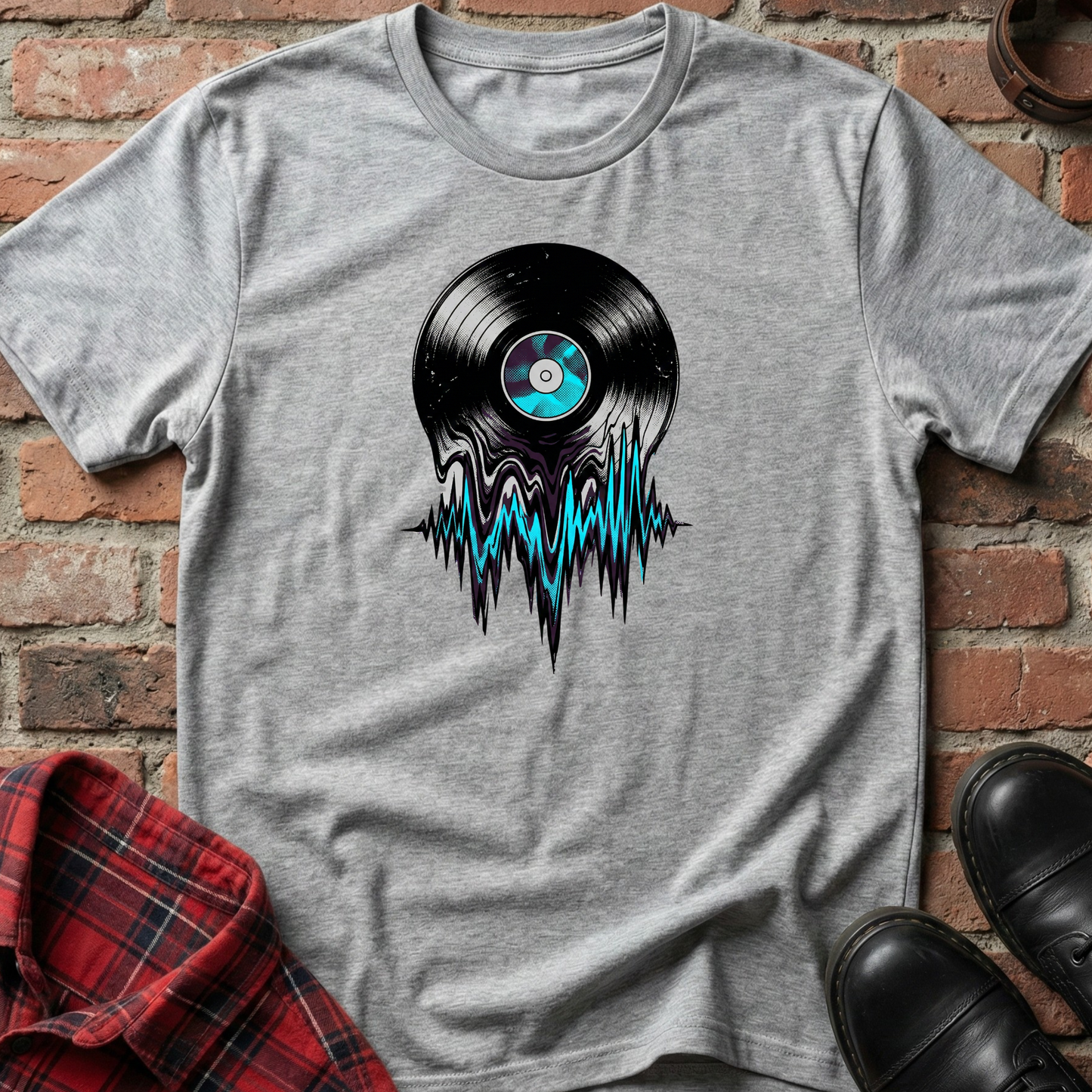 Gray t-shirt with vinyl record design on a brick surface. Minimalist music apparel by pemuyo.