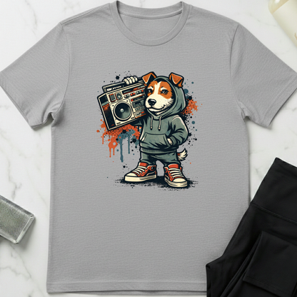 Gray t-shirt with a graphic of a dog in a hoodie holding a boombox on a white background. Minimalist dog apparel by pemuyo.