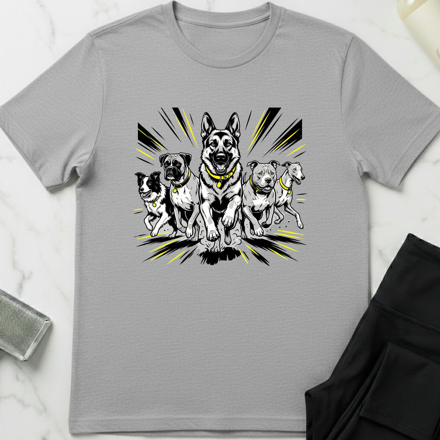 Gray t-shirt with a graphic of five dogs on a white marble surface. Minimalist dog apparel by pemuyo.