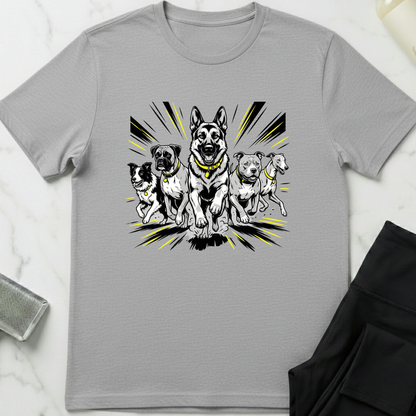 Gray t-shirt with a graphic of five dogs on a white marble surface. Minimalist dog apparel by pemuyo.