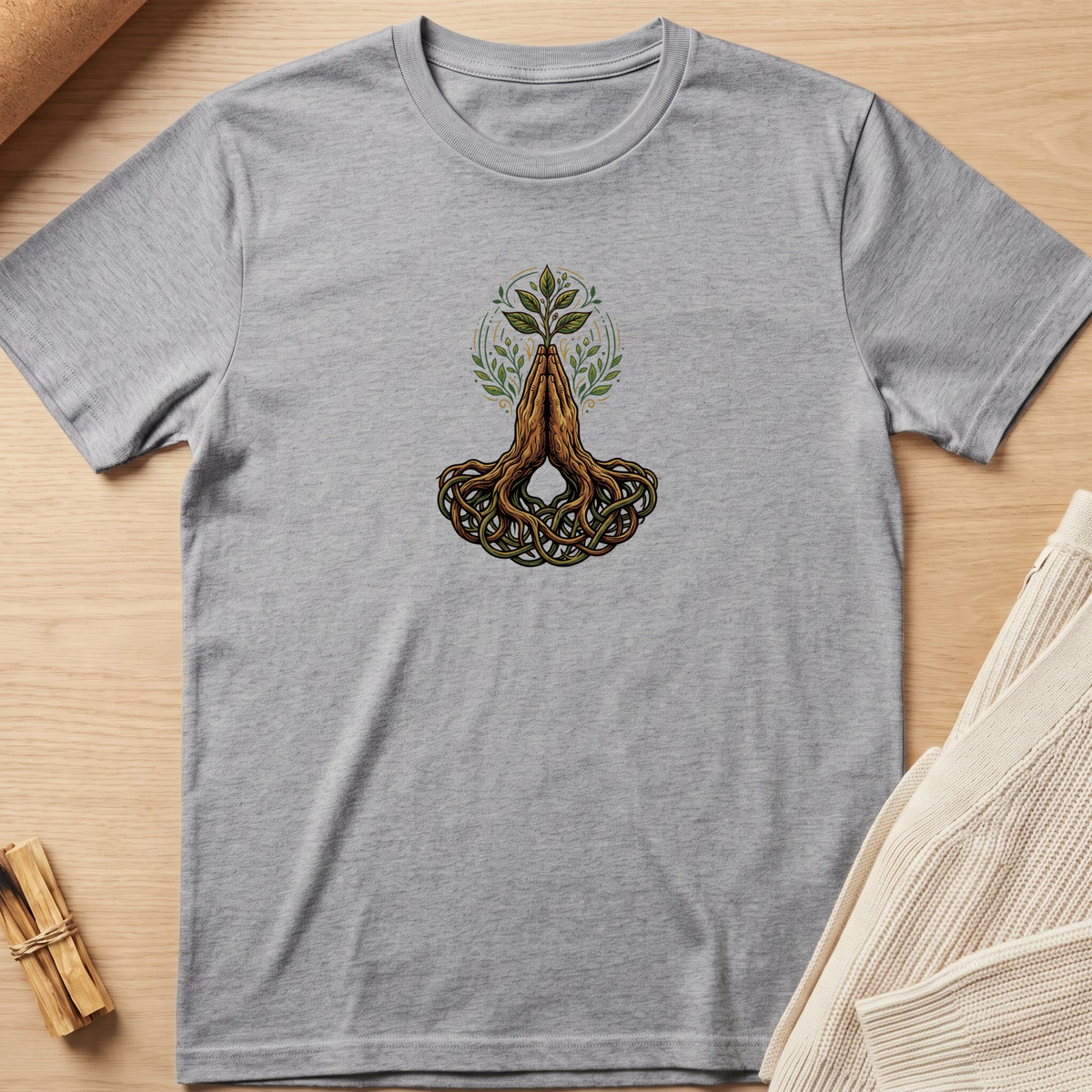 A heather gray short-sleeve t-shirt with a central graphic of a meditating figure formed by roots and a tree, displayed flat on a light wood background with cozy props. Minimalist yoga apparel by pemuyo.