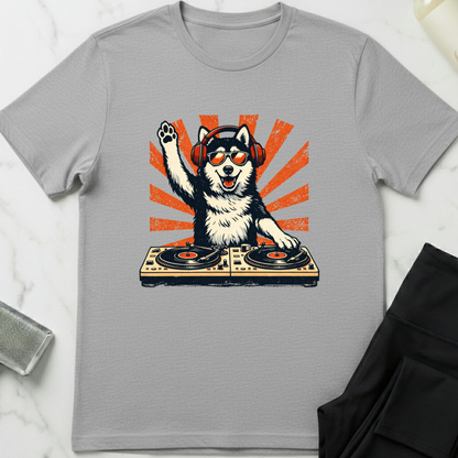 Gray t-shirt with a dog DJ graphic on a white background. Minimalist dog apparel by pemuyo.