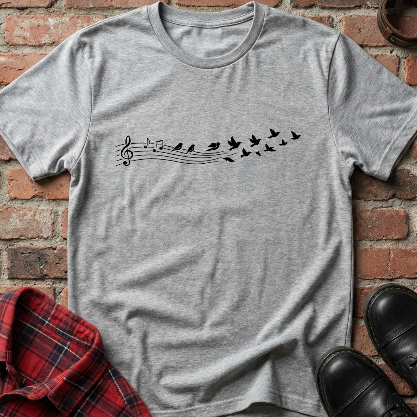 Gray t-shirt with musical note and bird design on a brick surface. Minimalist music apparel by pemuyo.