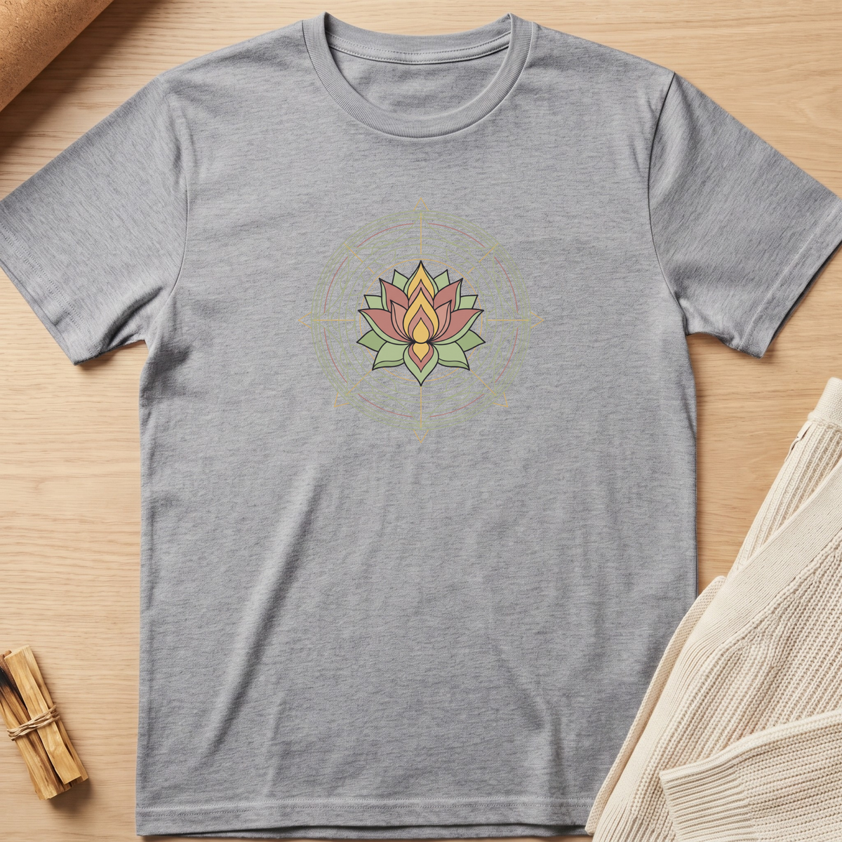 A heather gray short-sleeve t-shirt with a colorful lotus flower and mandala graphic on the chest, laid flat on a light wood background with styled props. Minimalist yoga apparel by pemuyo.