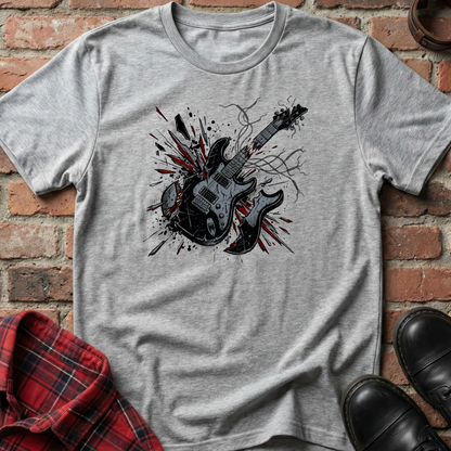Gray t-shirt with a guitar graphic on a brick background. Minimalist music apparel by pemuyo.