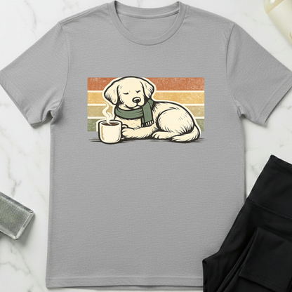 Gray t-shirt with a dog graphic holding a mug on a white background. Minimalist dog apparel by pemuyo.