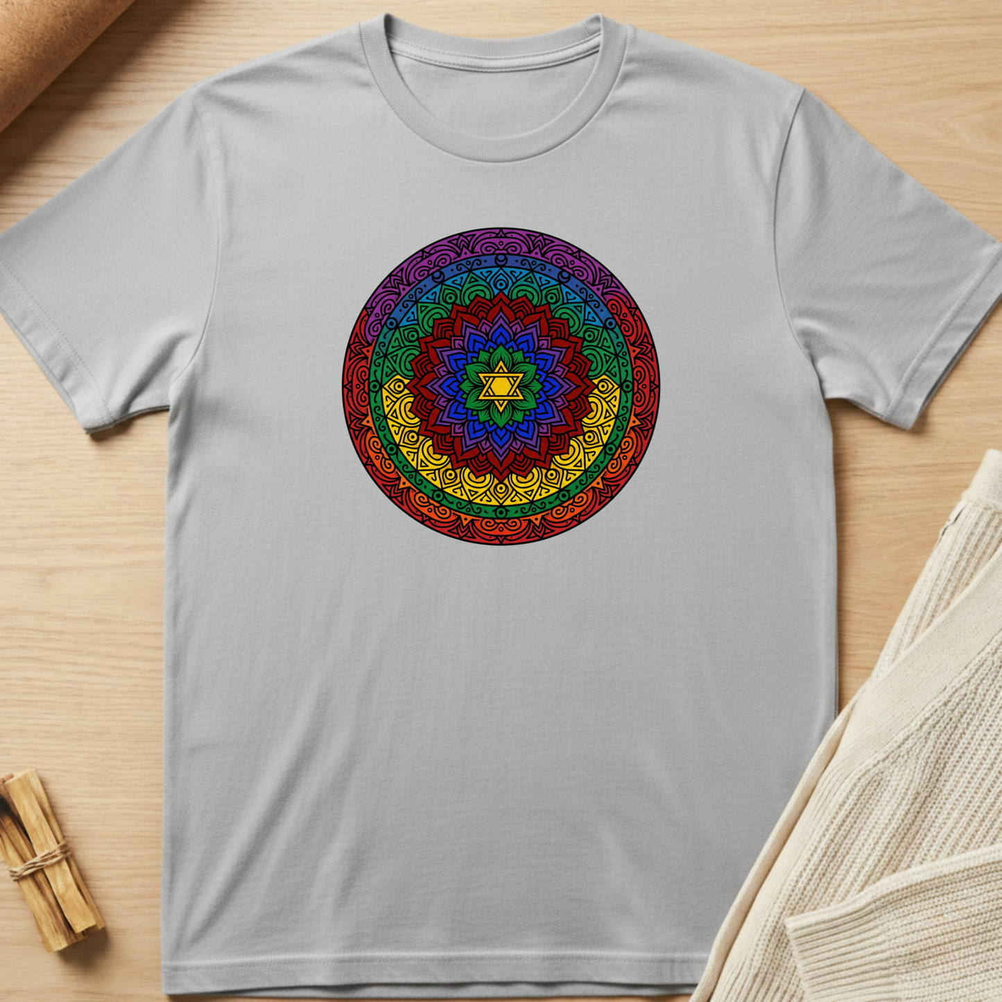 Gray t-shirt with a colorful mandala design on a wooden surface. Minimalist yoga apparel by pemuyo.
