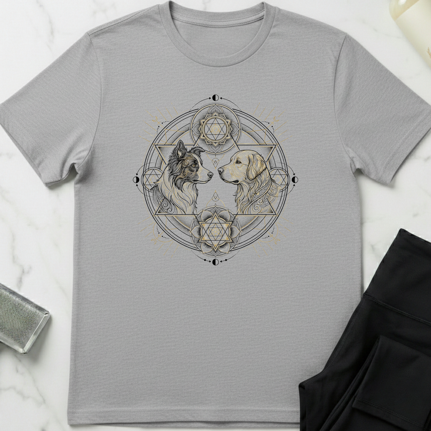 Gray t-shirt with geometric design featuring two dogs on a light gray background. Minimalist dog apparel by pemuyo.