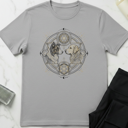 Gray t-shirt with geometric design featuring two dogs on a light gray background. Minimalist dog apparel by pemuyo.