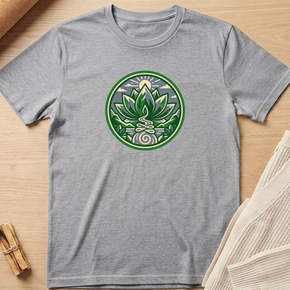 A heather gray crewneck t-shirt featuring a circular green and white lotus medallion graphic on the chest, laid flat on a light wood background with neutral props. Minimalist yoga apparel by pemuyo.