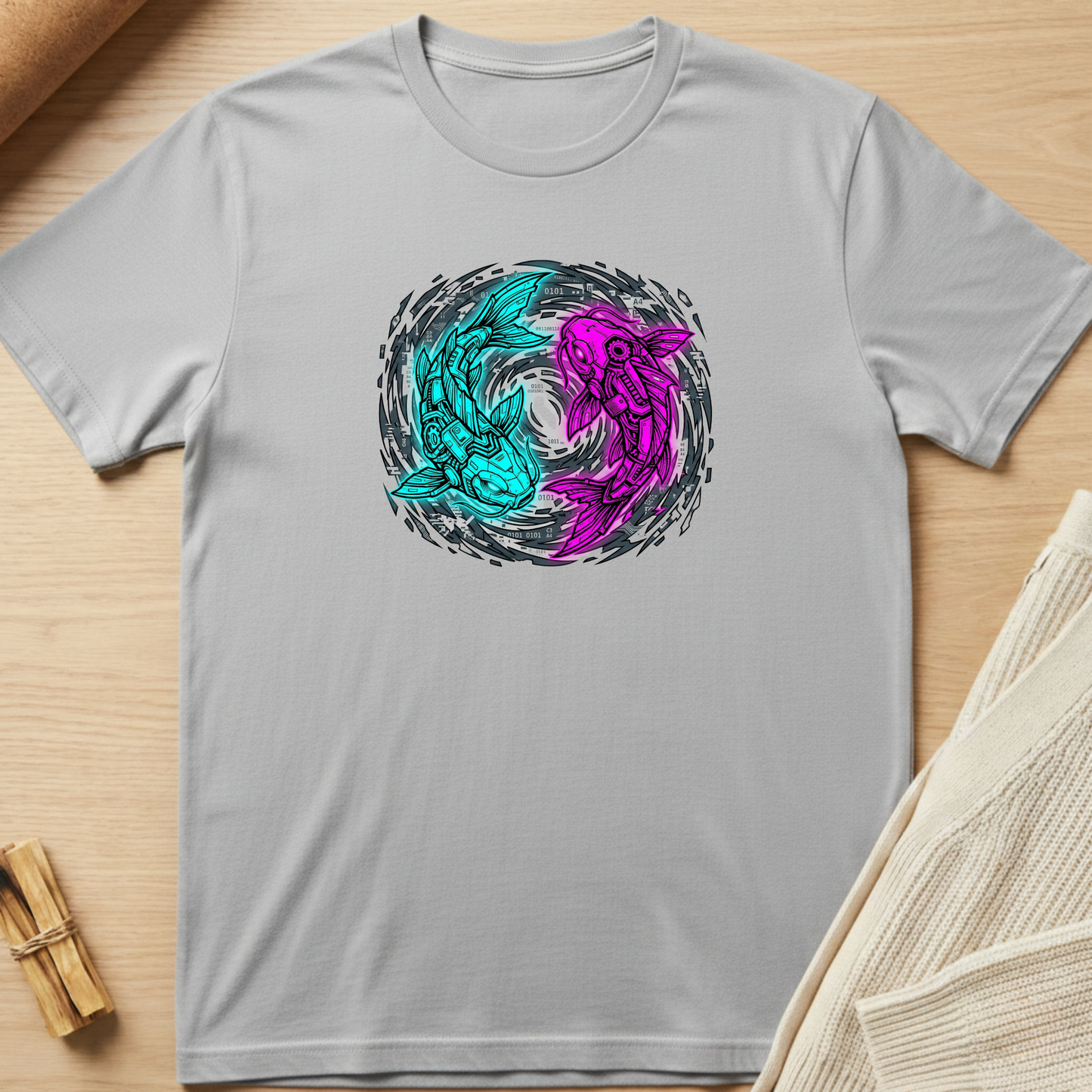 Gray t-shirt with a colorful koi design on a wooden surface. Minimalist yoga apparel by pemuyo.