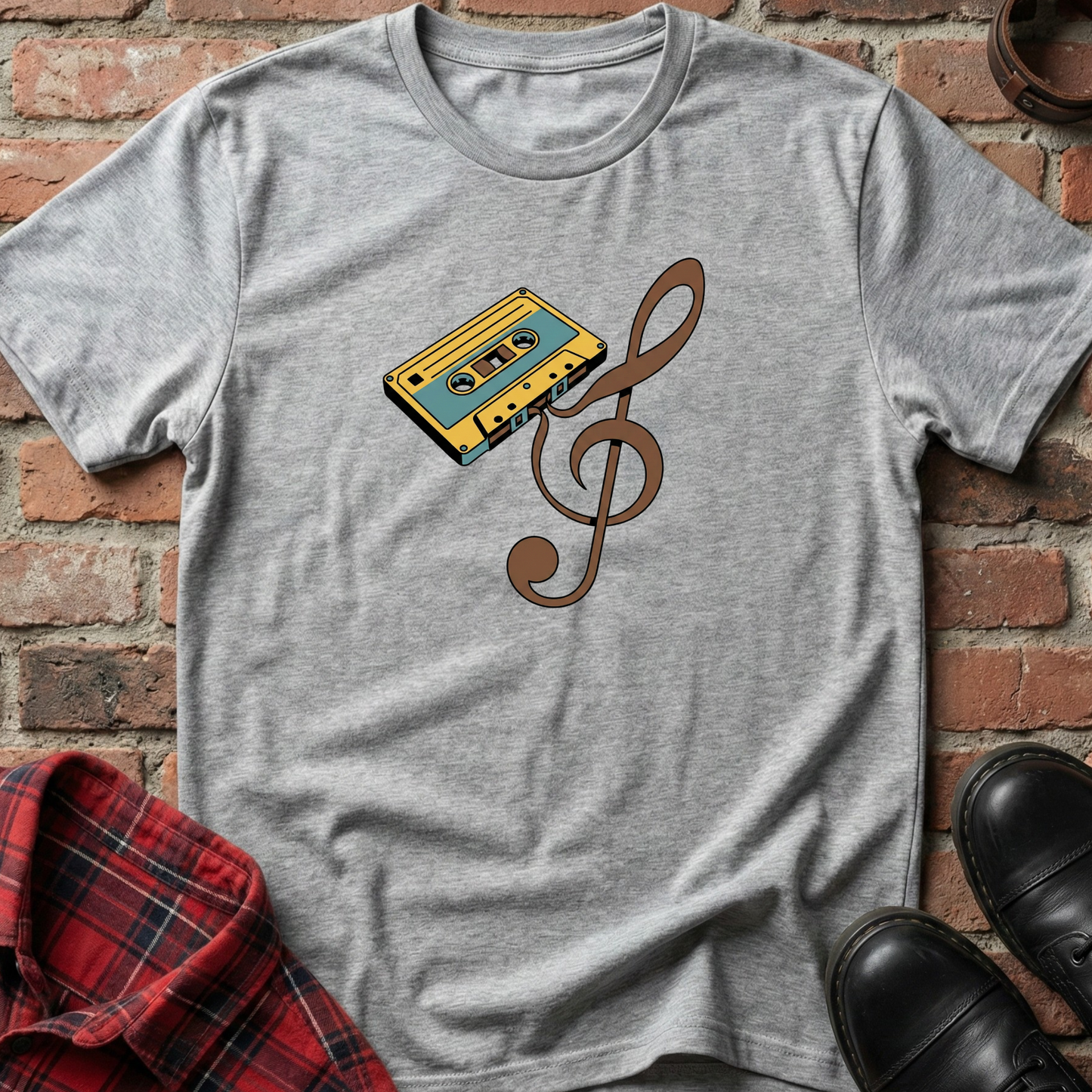 Gray t-shirt with a cassette tape and music note design on a brick surface. Minimalist music apparel by pemuyo.