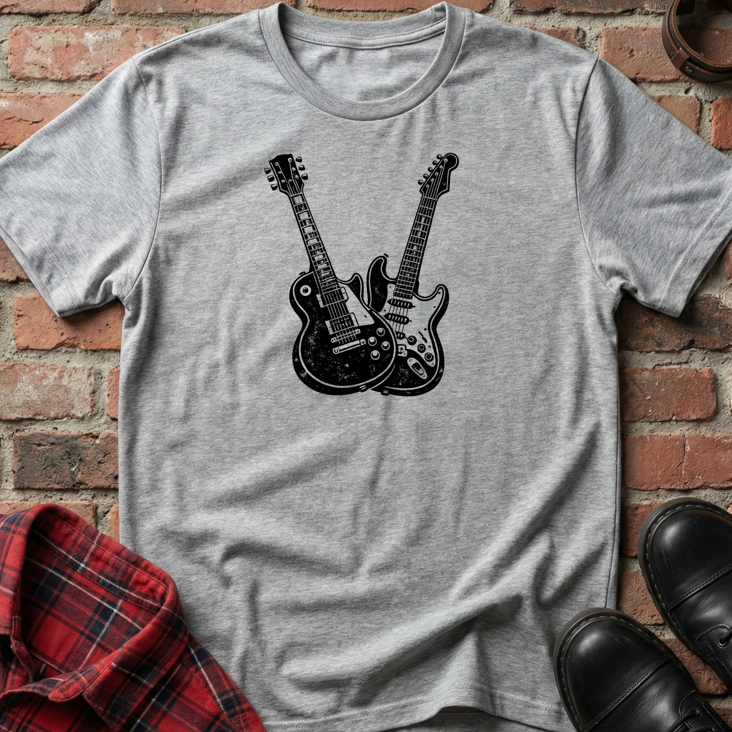 Gray t-shirt with black guitar design on a brick background. Minimalist music apparel by pemuyo.