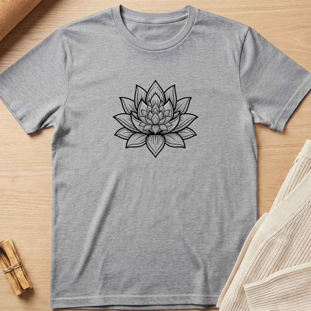 A heather gray short-sleeve t-shirt with a black line art lotus flower graphic on the chest, laid flat on a light wood background with neutral props. Minimalist yoga apparel by pemuyo.