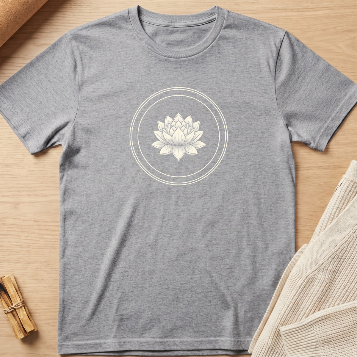 A heather gray short-sleeve crewneck t-shirt featuring a white line art lotus flower design inside a double circle on the chest, laid flat on a light wood background with styled props. Minimalist yoga apparel by pemuyo.