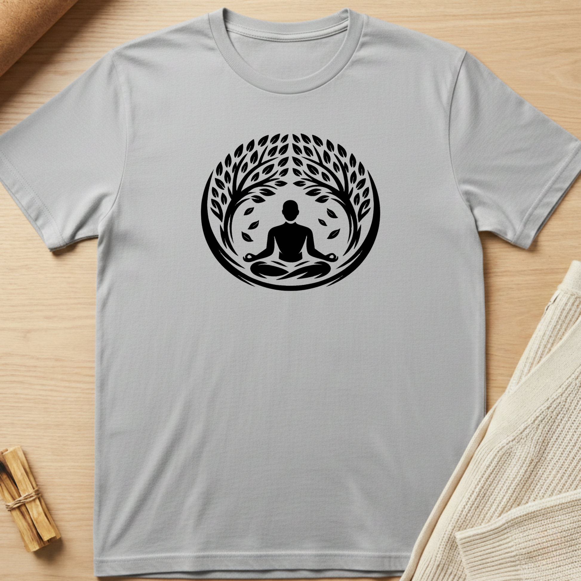 Gray t-shirt with a black meditation graphic on a wooden surface. Minimalist yoga apparel by pemuyo.