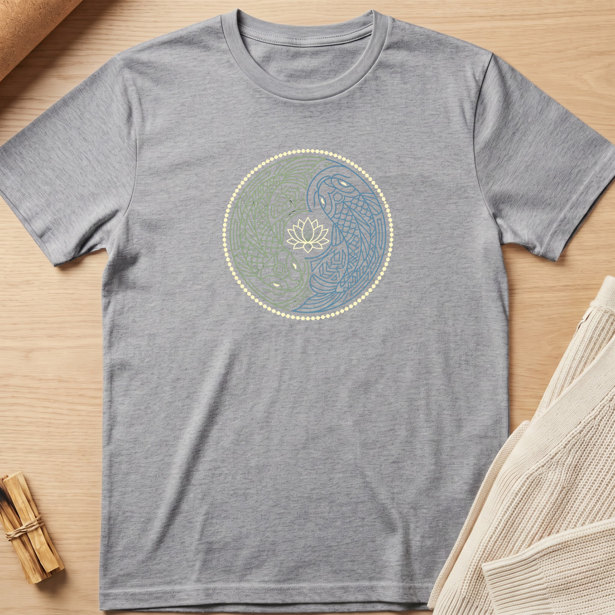 A heather gray short-sleeve t-shirt laid flat on a light wood surface, featuring a circular yin-yang style graphic with a lotus flower in the center. The left half of the circle is green with blue line details, and the right half is blue with green line details, accented by a dotted border. Minimalist yoga apparel by pemuyo.