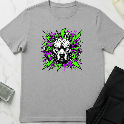 Gray t-shirt with a graphic of a dog's face on a white marble surface. Minimalist dog apparel by pemuyo.