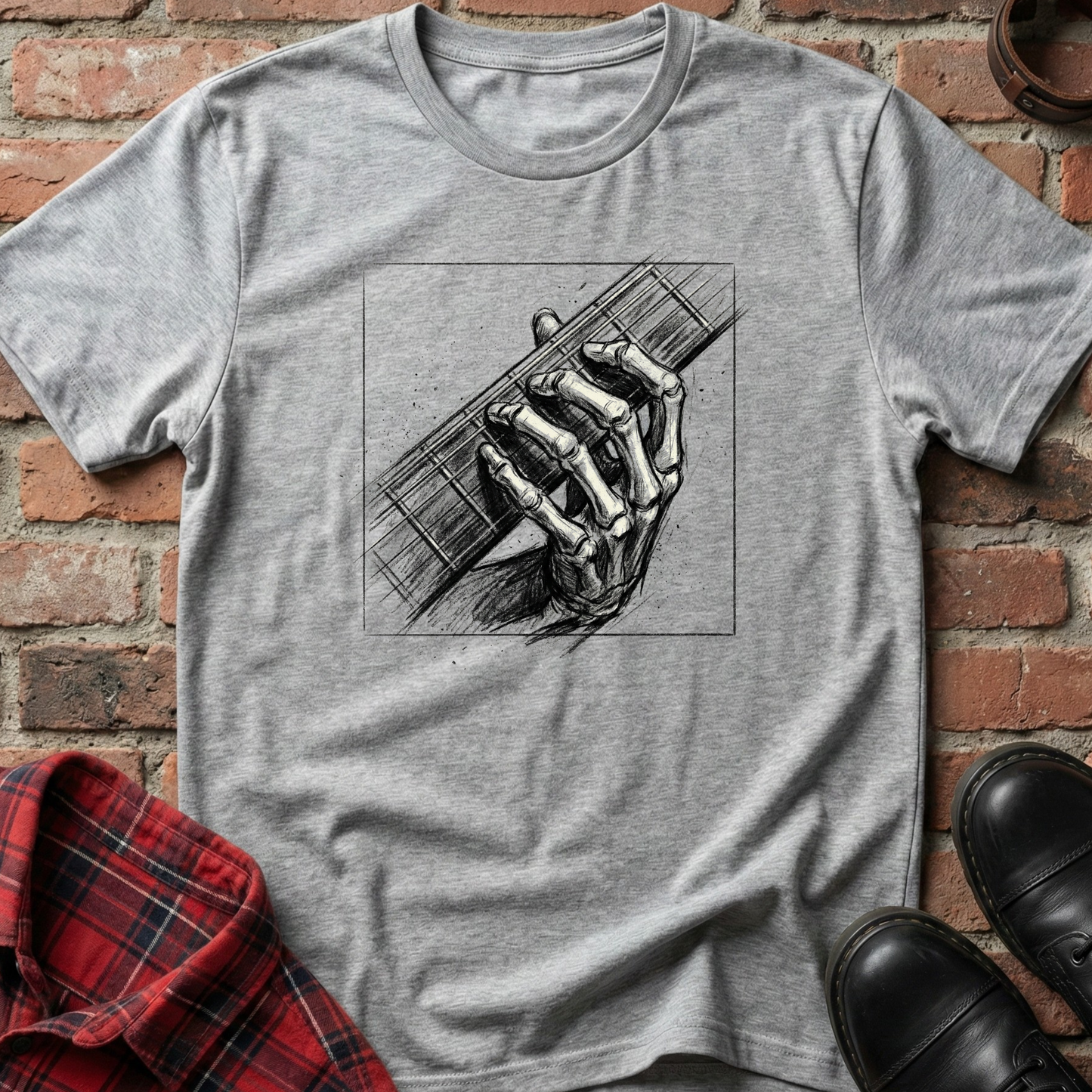Gray t-shirt with skeleton hand holding a guitar graphic on a brick background. Minimalist music apparel by pemuyo.
