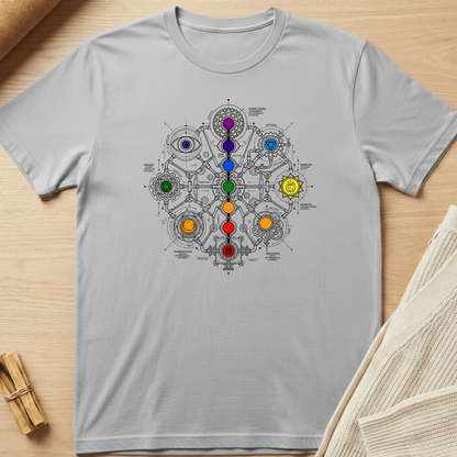 Gray t-shirt with a colorful diagram on a wooden surface. Minimalist yoga apparel by pemuyo.