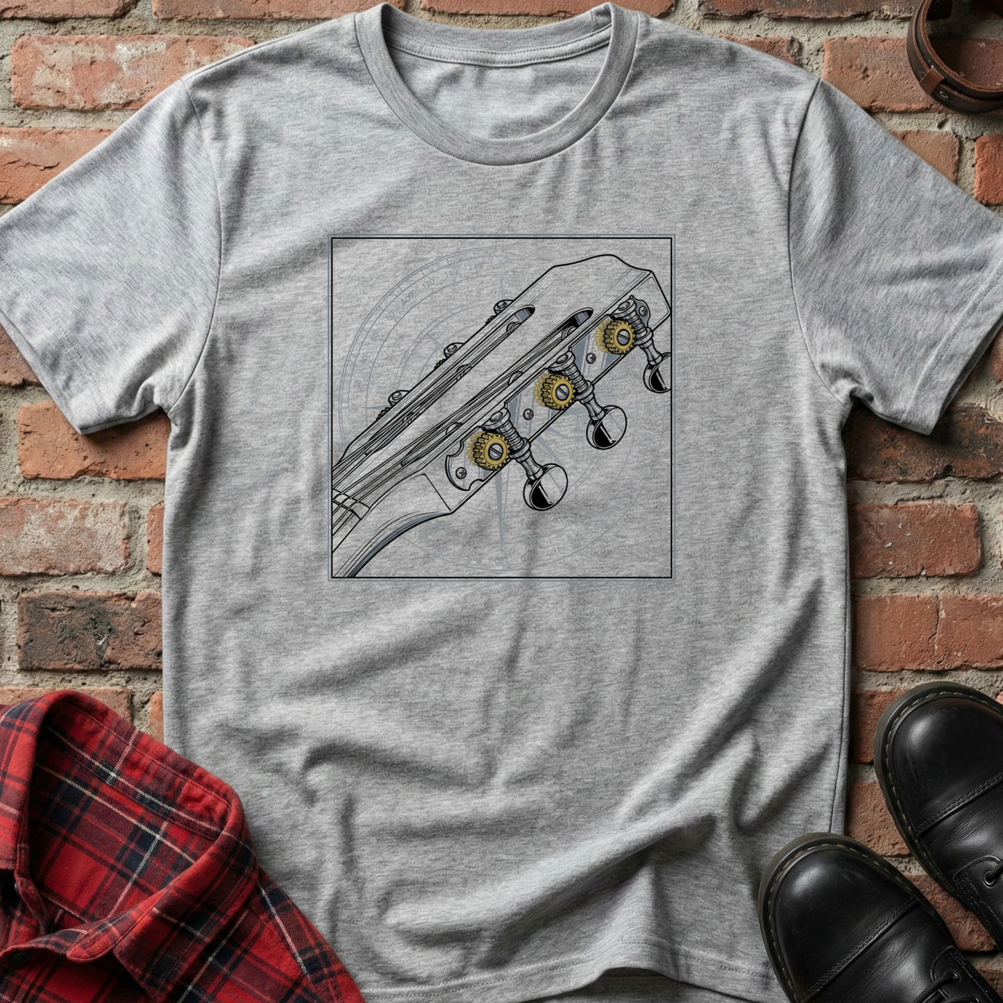 Gray t-shirt with guitar headstock design on a brick surfaceguitar-detailed-headstock-t-shirt
