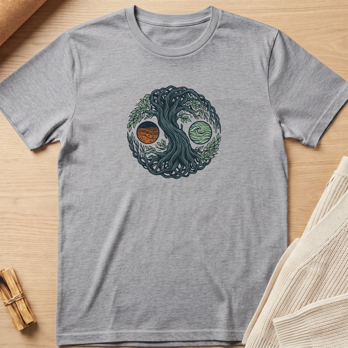 A heather gray short-sleeve t-shirt laid flat on a light wood surface, featuring a circular chest graphic of a tree in a yin-yang style with one side showing dark blue roots and the other showing green leaves, with small orange and green celestial elements. Minimalist yoga apparel by pemuyo.
